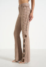 Ambre - Suede Lace Up Flared Trousers - Taupe