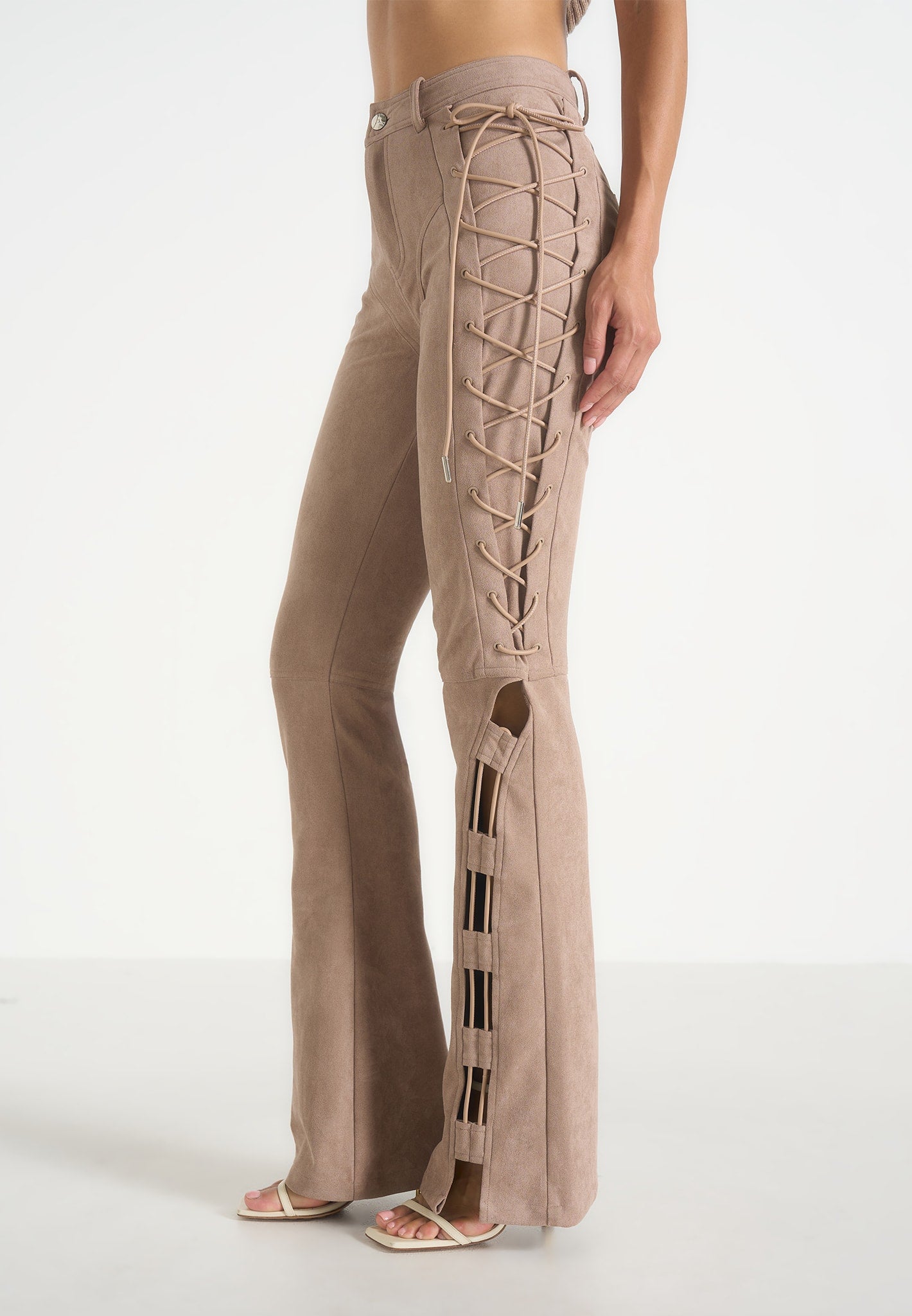 Ambre - Suede Lace Up Flared Trousers - Taupe