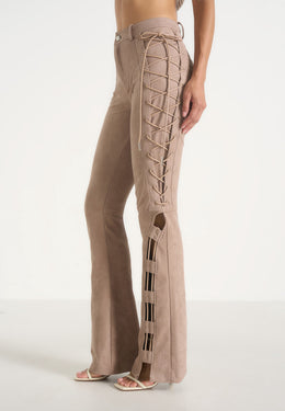 Ambre - Suede Lace Up Flared Trousers - Taupe