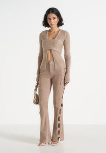 Ambre - Suede Lace Up Flared Trousers - Taupe