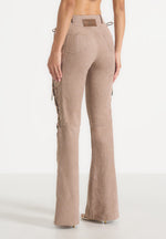 Ambre - Suede Lace Up Flared Trousers - Taupe