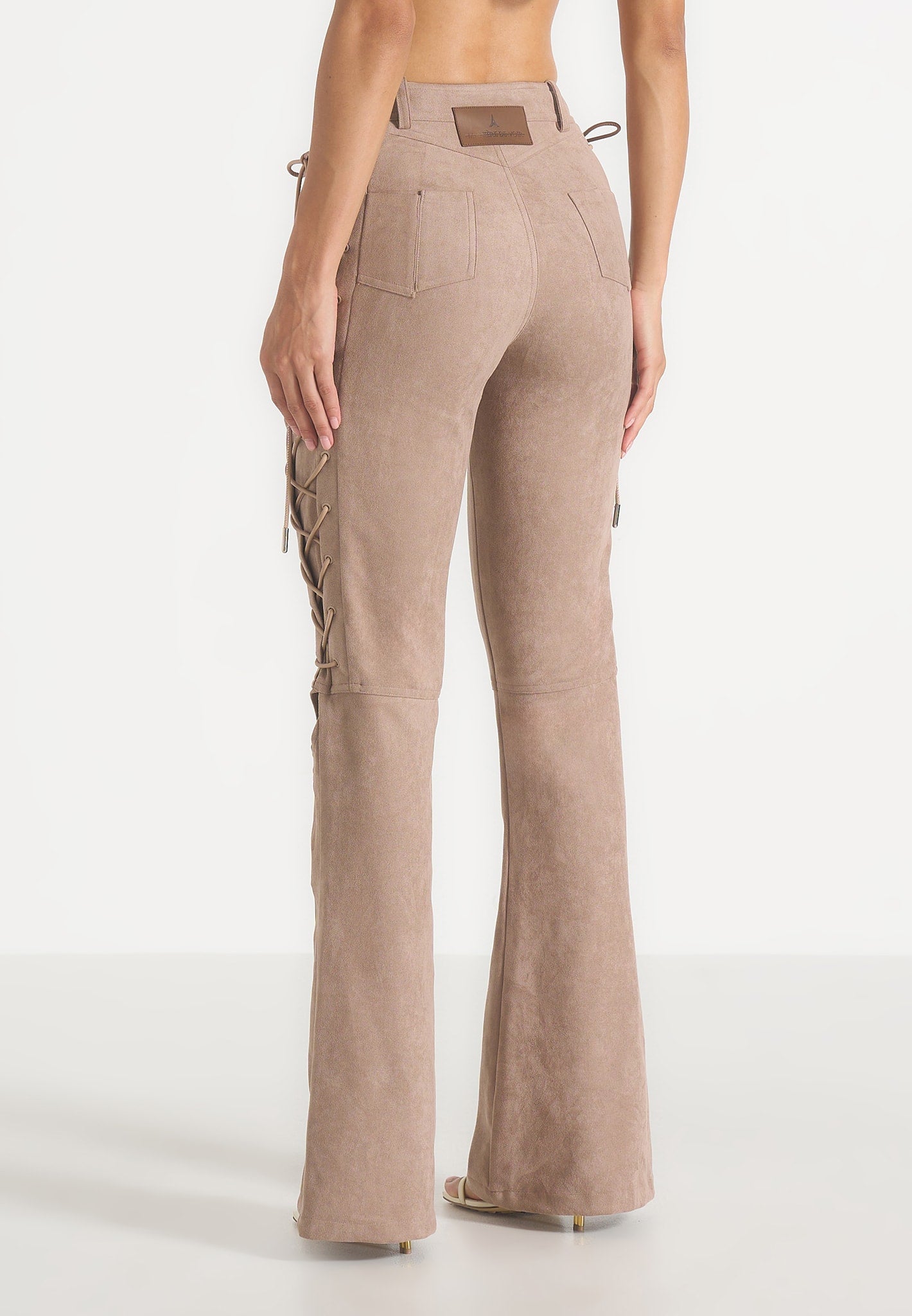 Ambre - Suede Lace Up Flared Trousers - Taupe