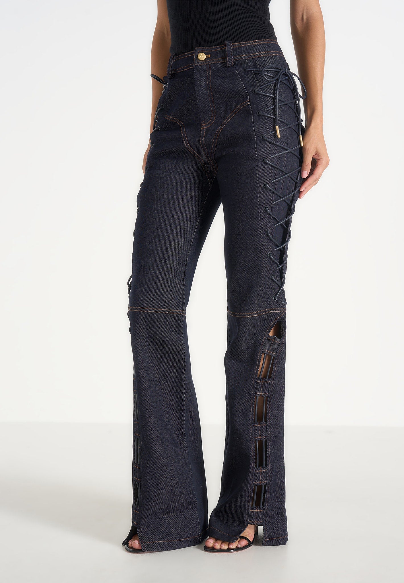 Ambre - Denim Lace Up Flared Jeans - Indigo