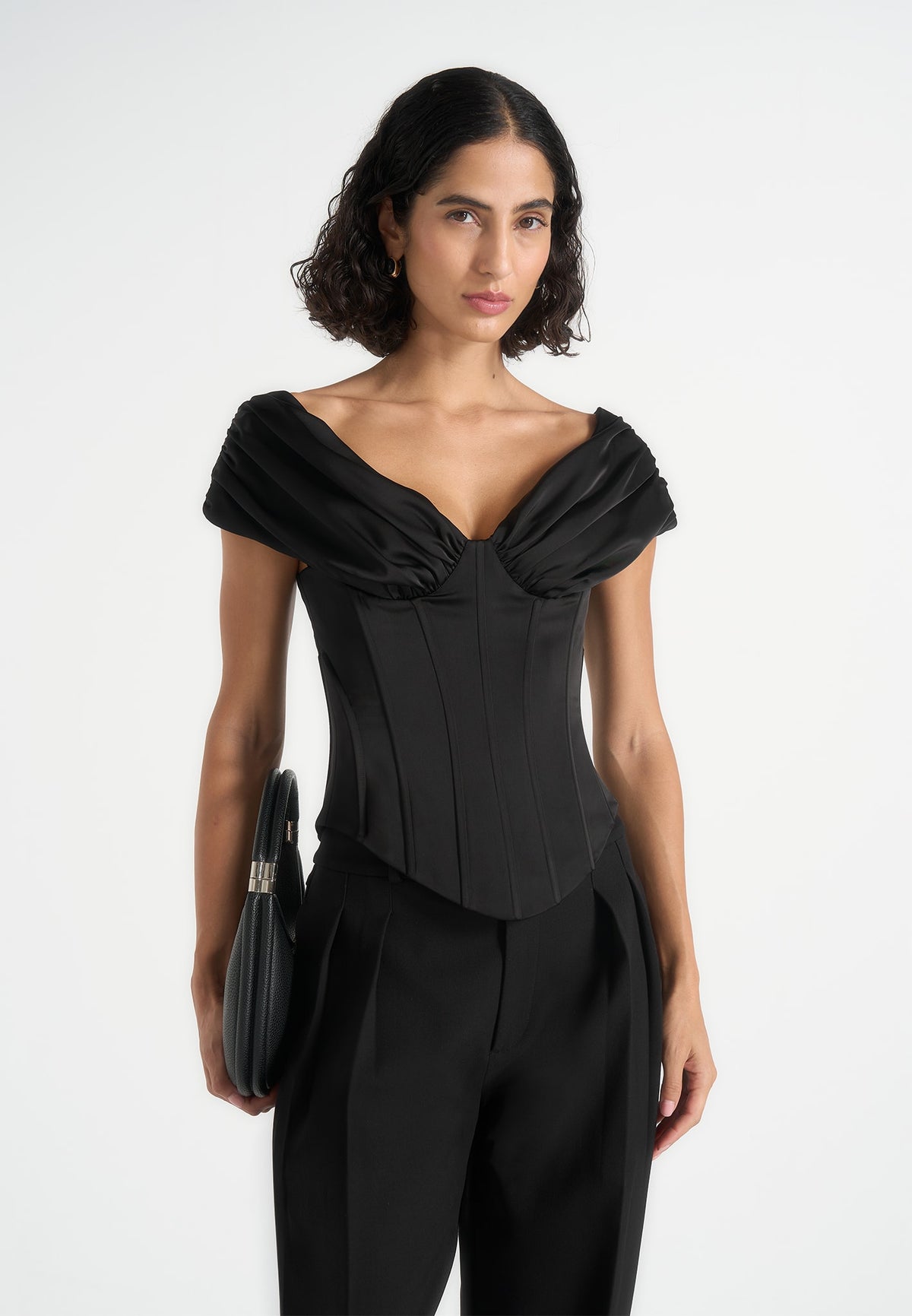 Ursula - Off-Shoulder Pleated Corset Top - Black