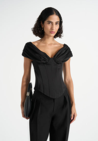 Ursula - Off-Shoulder Pleated Corset Top - Black