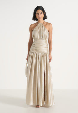 Fabienne - Ruched Halter Neck Maxi Dress - Champagne