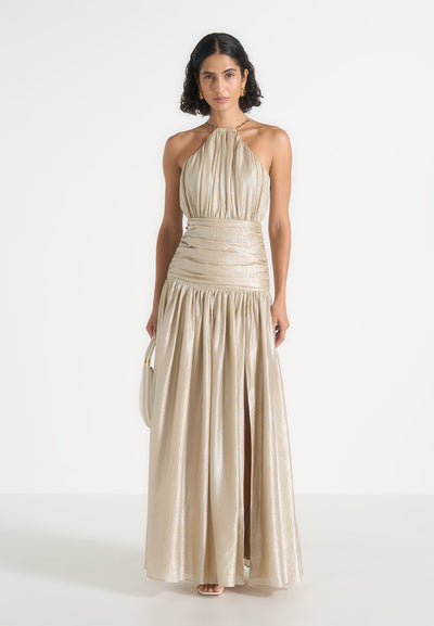 Fabienne - Ruched Halterneck Maxi Dress - Champagne