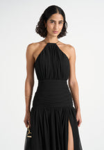 Fabienne - Metallic Ruched Halterneck Maxi Dress – Black