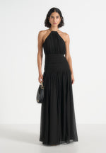 Fabienne - Metallic Ruched Halterneck Maxi Dress – Black