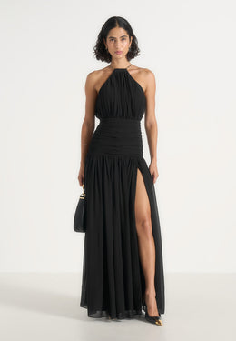 Fabienne - Metallic Ruched Halter Neck Maxi Dress - Black