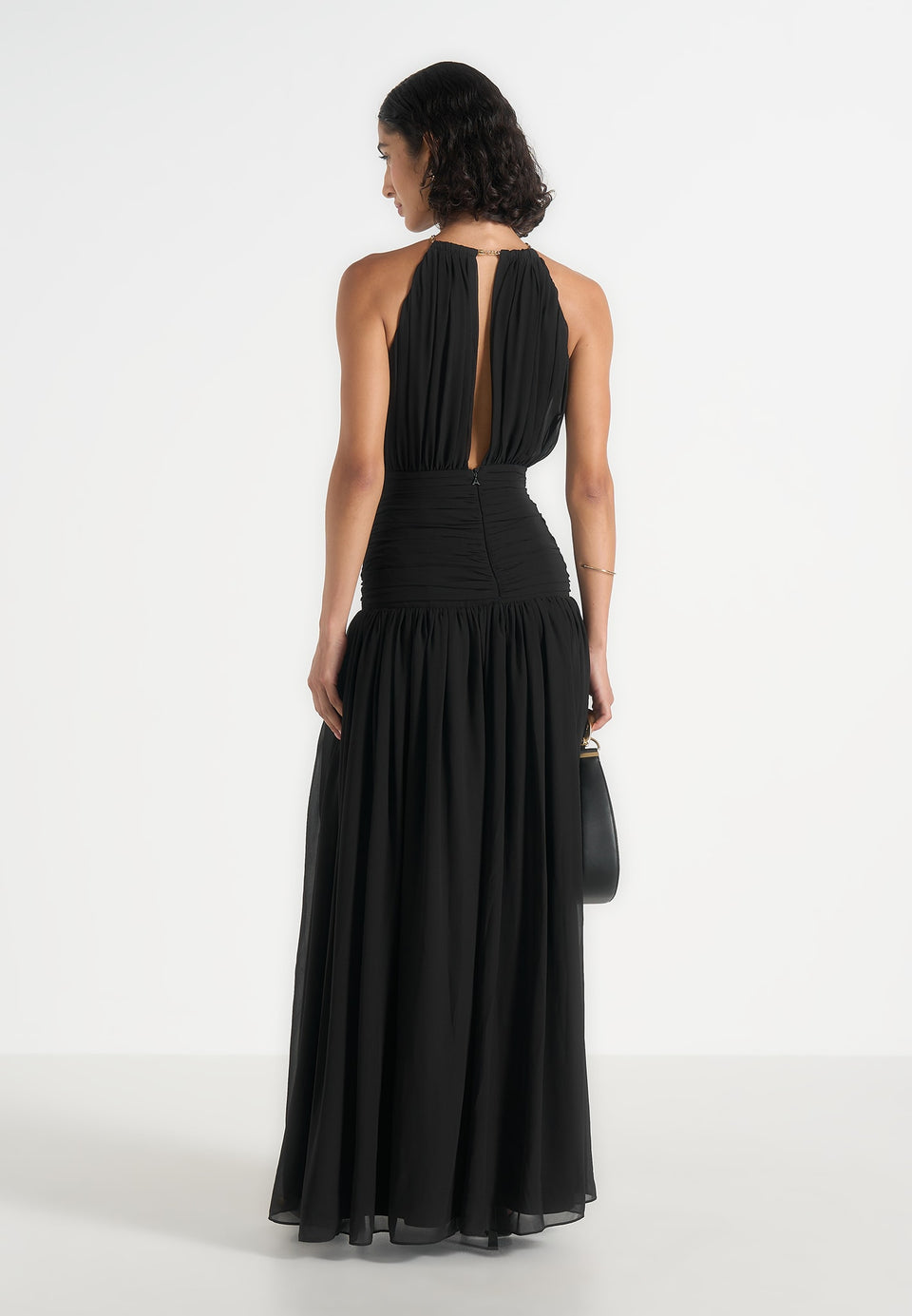 Fabienne - Metallic Ruched Halterneck Maxi Dress - Black