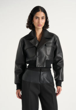 Cosette - Leather Lapel Bomber Jacket - Black