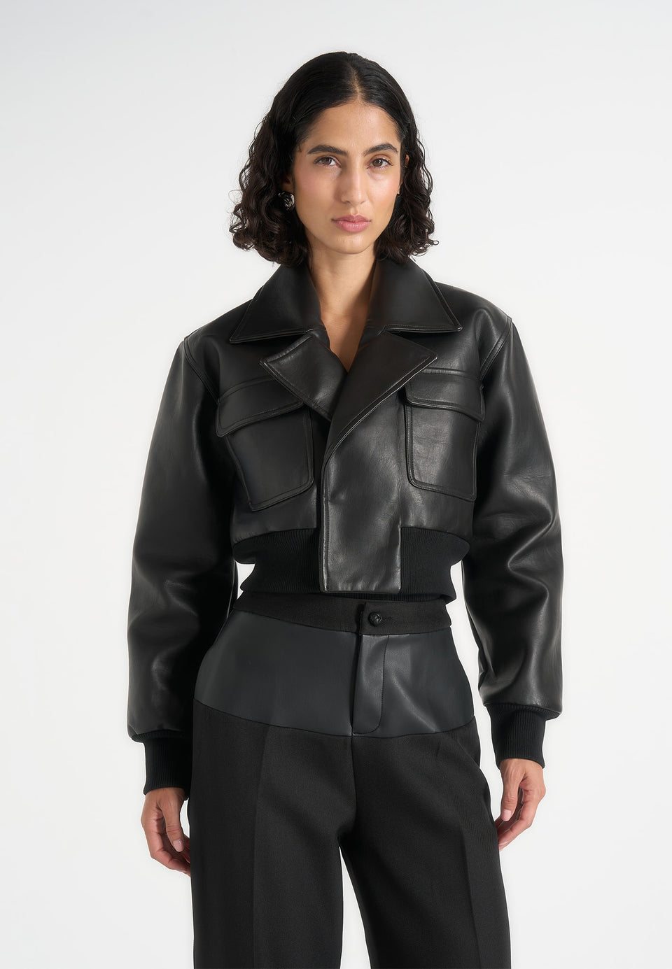 Cosette - Leather Lapel Bomber Jacket - Black
