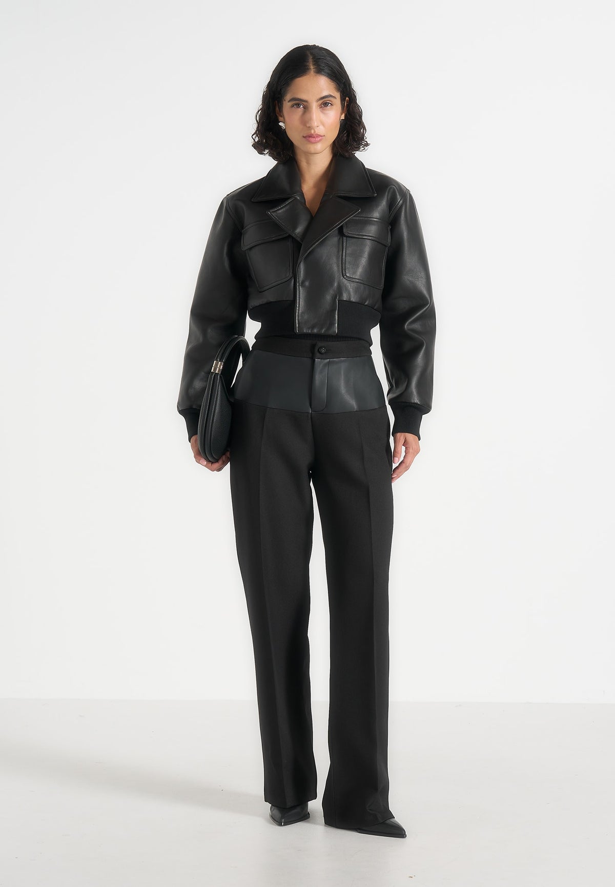 Cosette - Leather Lapel Bomber Jacket - Black