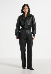 Cosette - Leather Lapel Bomber Jacket - Black