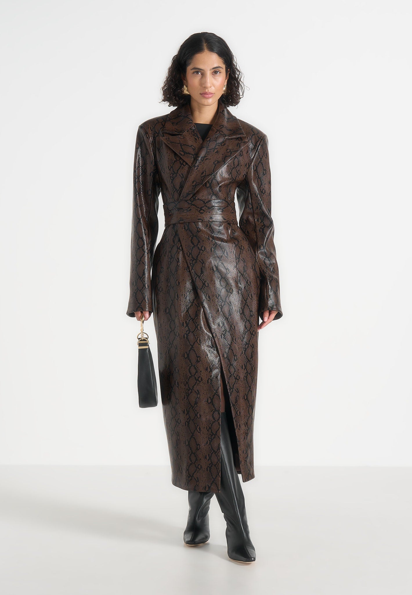 Esma - Python Asymmetric Coat with Cinch Belt - Brown