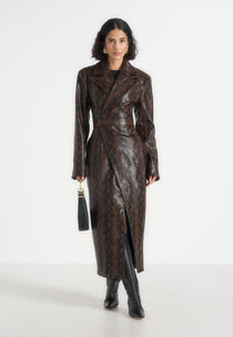 Esma - Python Asymmetric Coat with Cinch Belt - Brown