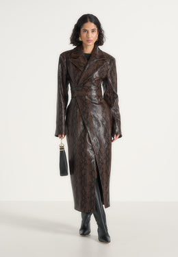 Esma - Python Asymmetric Coat with Cinch Belt - Brown