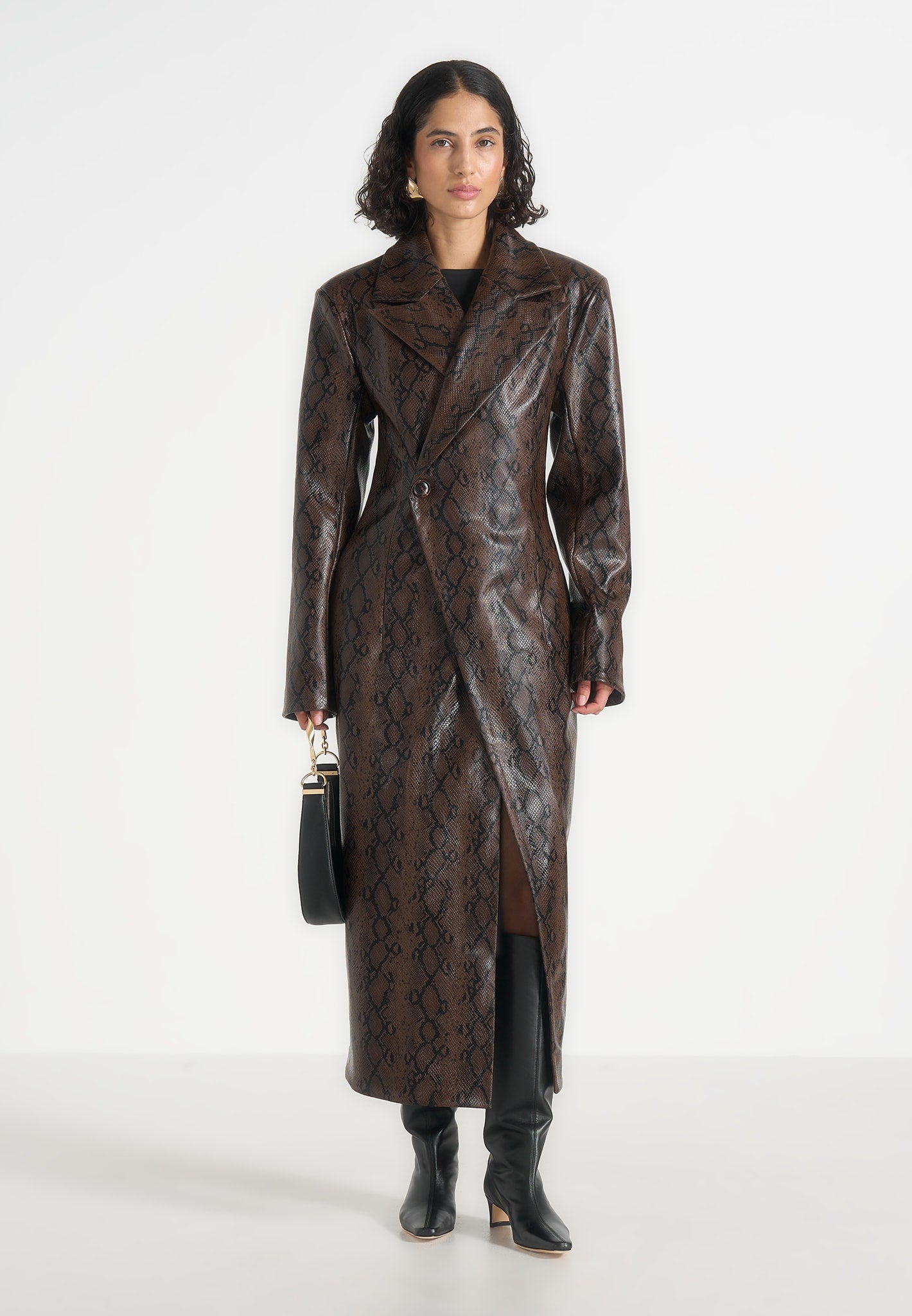 Esma - Python Asymmetric Coat with Cinch Belt - Brown