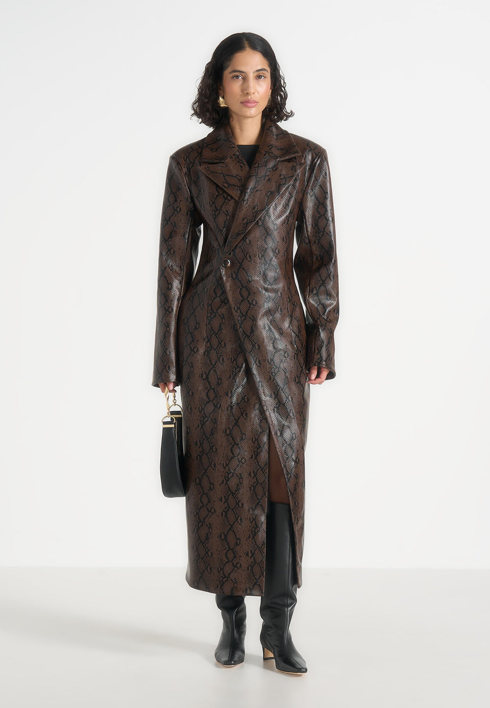 Esma - Python Asymmetric Coat with Cinch Belt - Brown