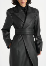 Esma - Leather Asymmetric Coat with Cinch Belt - Black