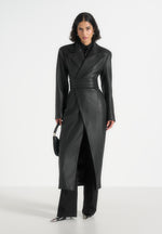 Esma - Leather Asymmetric Coat with Cinch Belt - Black