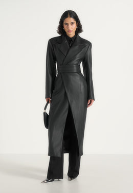 Esma - Leather Asymmetric Coat with Cinch Belt - Black