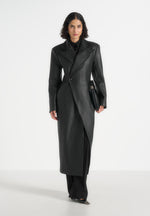 Esma - Leather Asymmetric Coat with Cinch Belt - Black