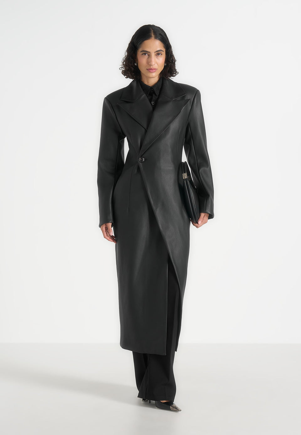 Esma - Leather Asymmetric Coat with Cinch Belt - Black
