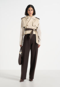 Lelia - Cropped Suede Trench 2-in-1 Gilet Coat With Belt - Beige/Brown