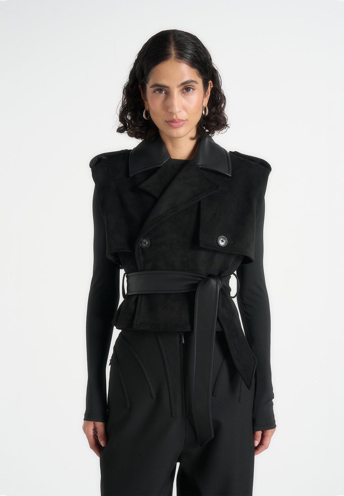 Lelia - Cropped Gabardine Trench 2-in-1 Gilet Coat With Belt - Black