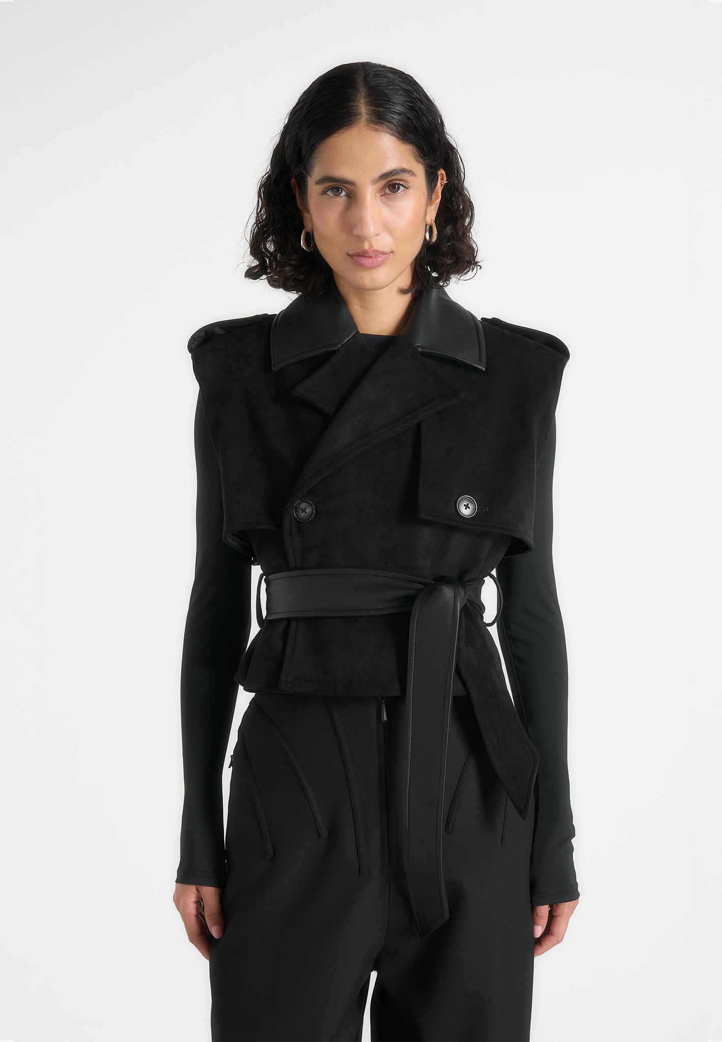 Lelia - Cropped Gabardine Trench 2-in-1 Gilet Coat With Belt - Black