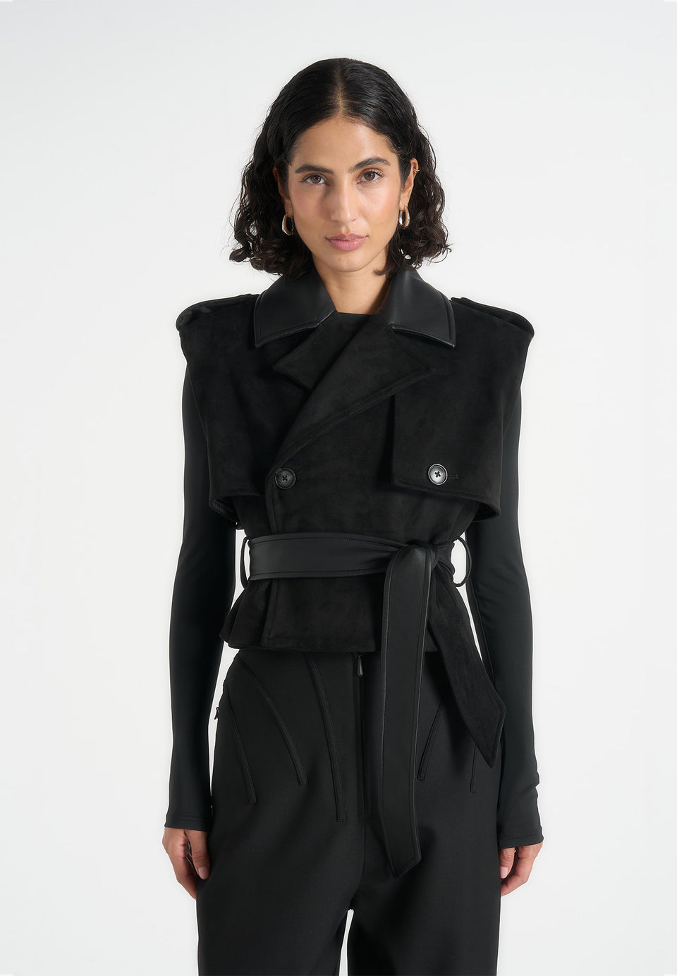 Lelia - Cropped Gabardine Trench 2-in-1 Gilet Coat With Belt - Black
