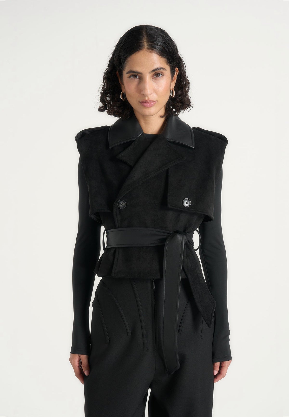 Lelia - Cropped Suede Trench 2-in-1 Gilet Coat With Belt - Black