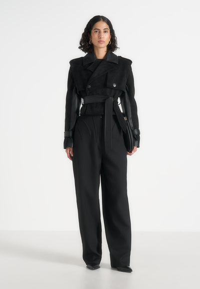 Lelia - Cropped Suede Trench 2-in-1 Gilet Coat With Belt - Black