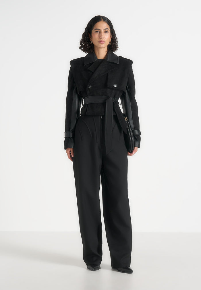 Lelia - Cropped Suede Trench 2-in-1 Gilet Coat With Belt - Black