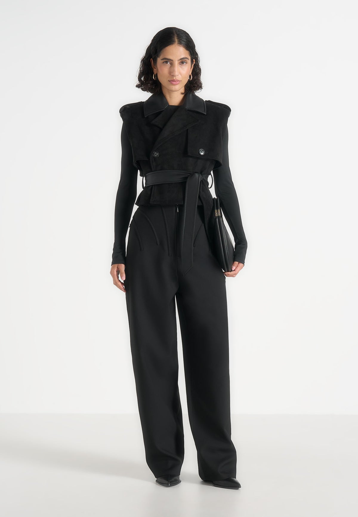 Lelia - Cropped Gabardine Trench 2-in-1 Gilet Coat With Belt - Black