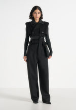 Lelia - Cropped Suede Trench 2-in-1 Gilet Coat With Belt - Black