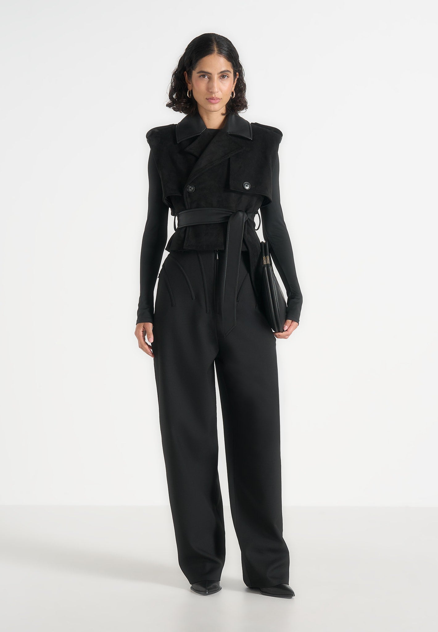Lelia - Cropped Gabardine Trench 2-in-1 Gilet Coat With Belt - Black