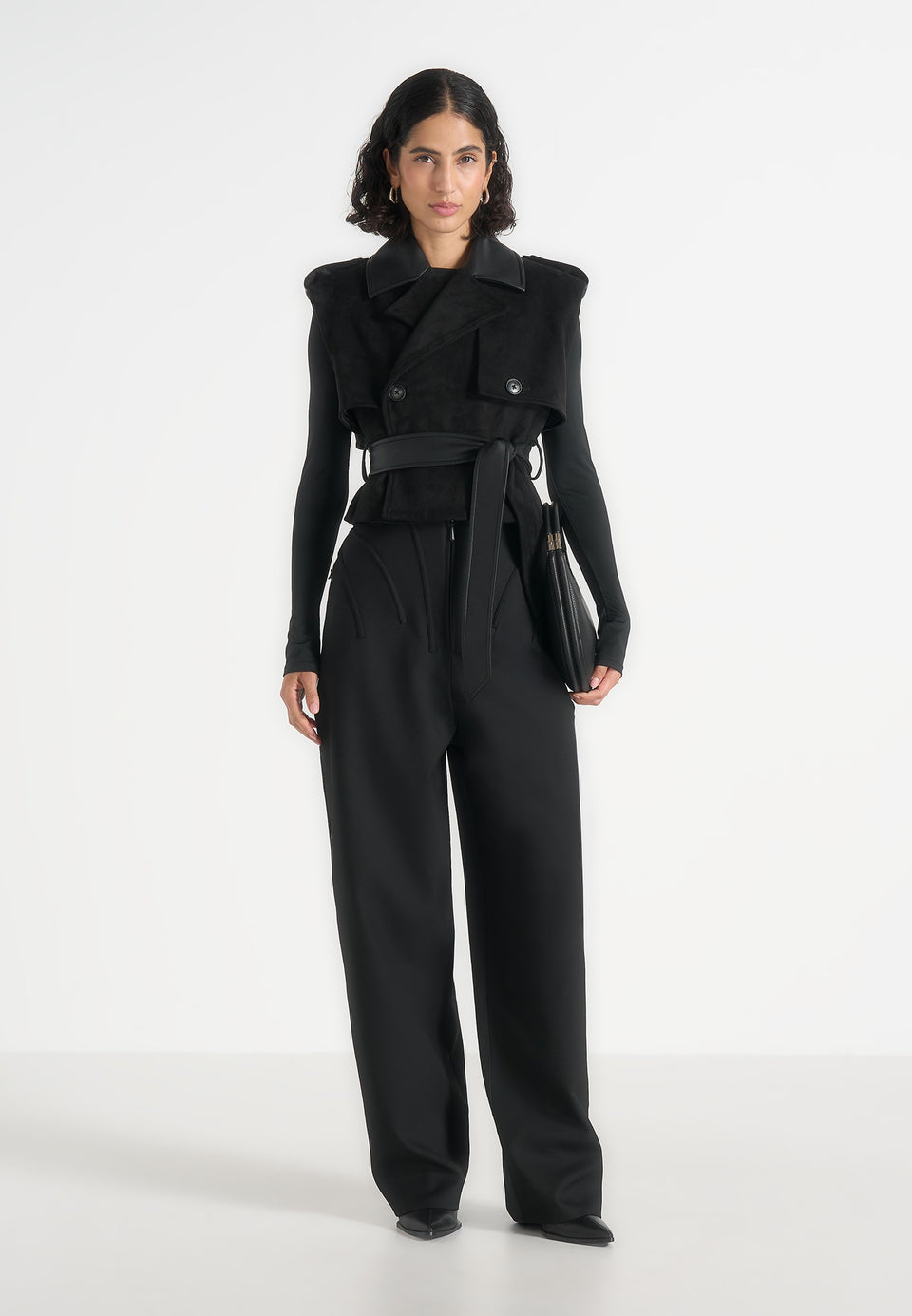 Lelia - Cropped Gabardine Trench 2-in-1 Gilet Coat With Belt - Black