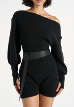 Raya - Off Shoulder Knitted Playsuit With Belt - Black