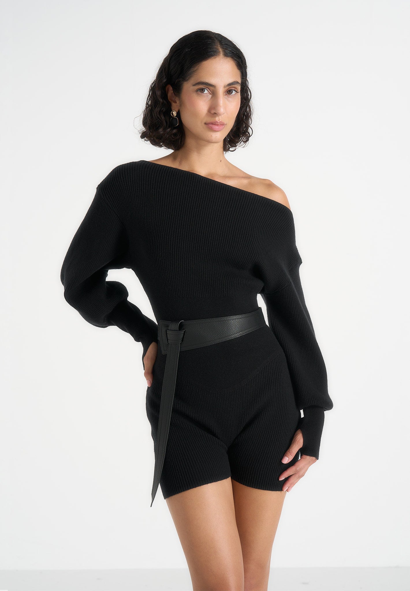 Raya - Off Shoulder Knitted Playsuit With Belt - Black