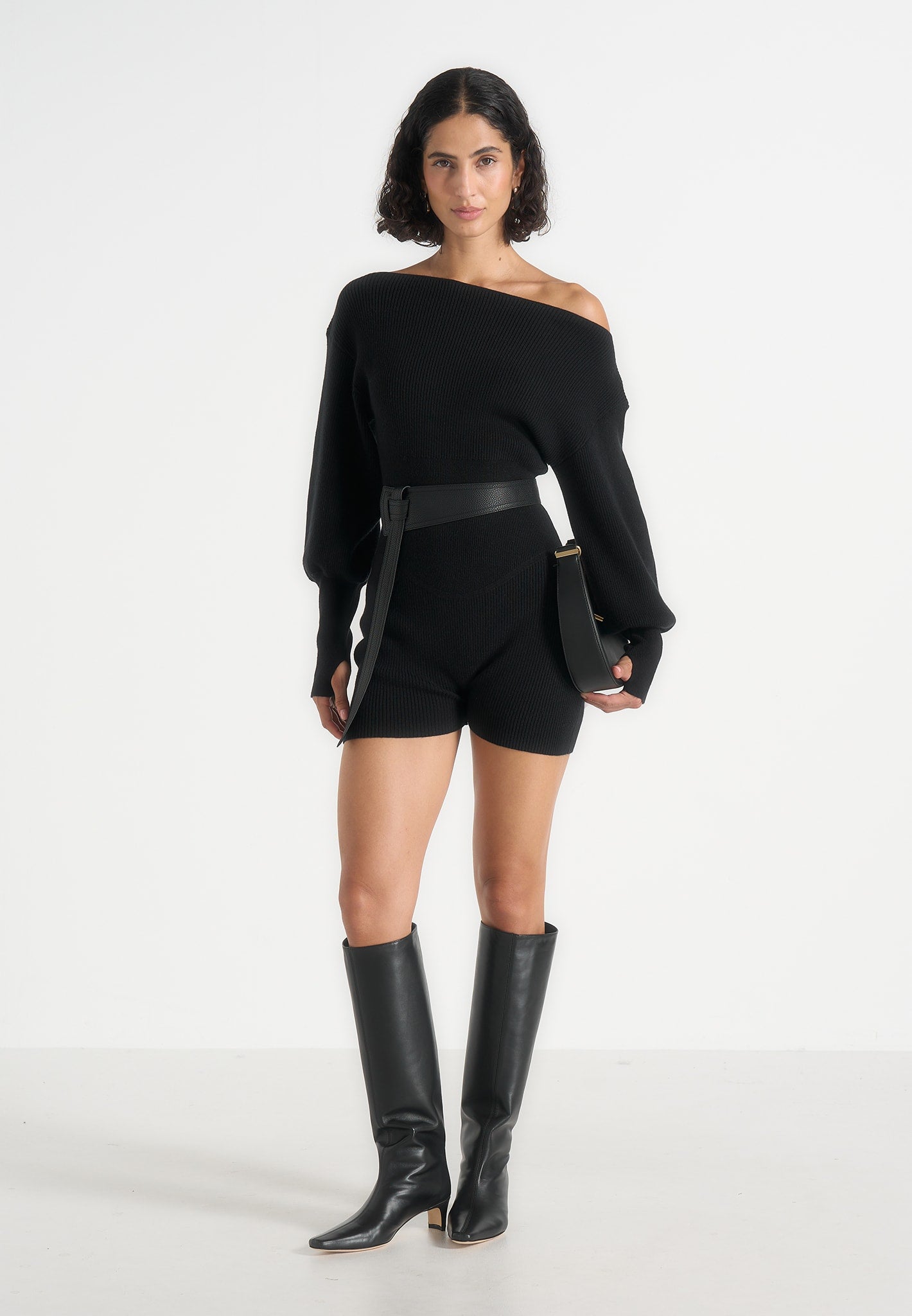 Raya - Off Shoulder Knitted Playsuit With Belt - Black