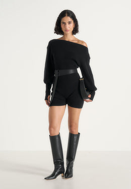 Suzette - Off Shoulder Knitted Playsuit With Belt - Black
