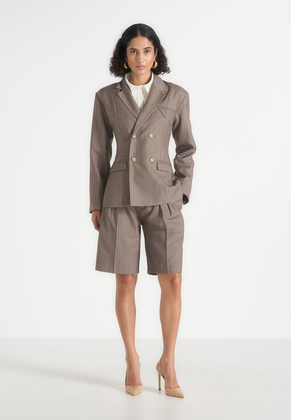 Lorette - Pinstripe Twin Pleat Tailored Shorts - Taupe