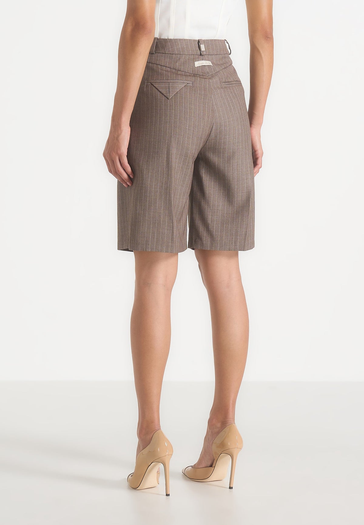 Lorette - Pinstripe Twin Pleat Tailored Shorts - Taupe