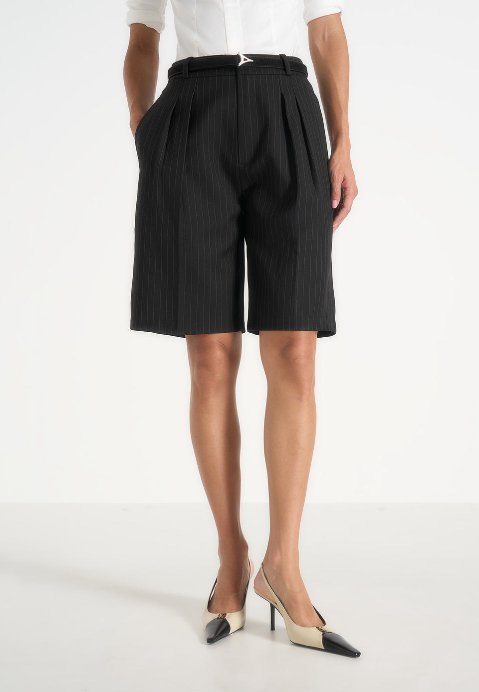 Lorette - Pinstripe Twin Pleat Tailored Shorts - Black