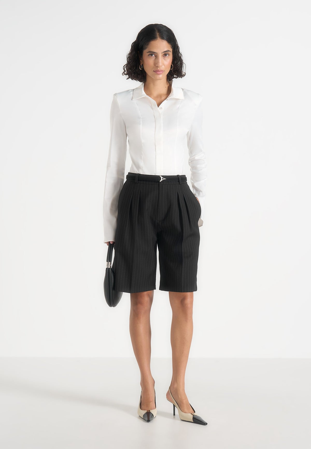 Lorette - Pinstripe Twin Pleat Tailored Shorts - Black