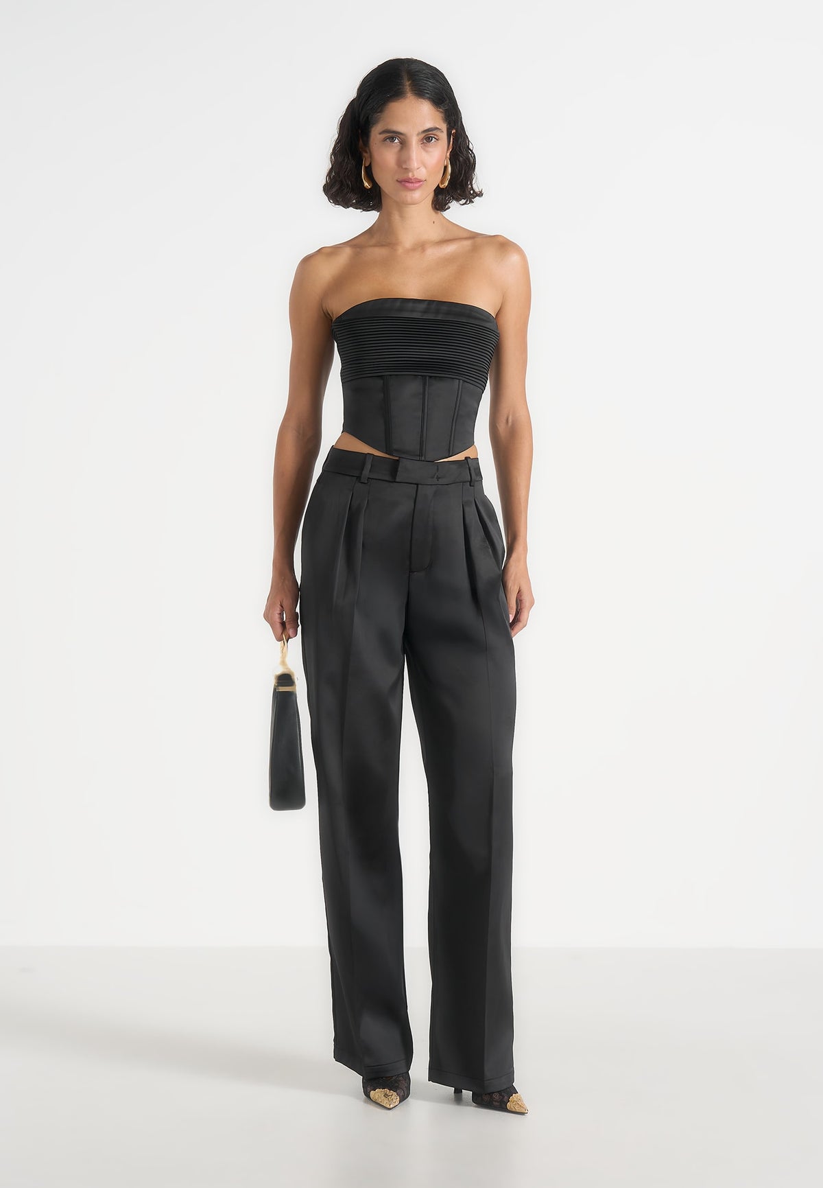 Julie - Satin Twin Pleat Trousers - Black