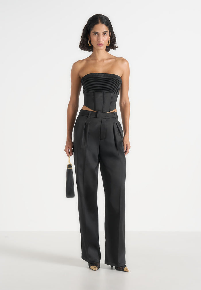 Julie - Satin Twin Pleat Trousers - Black